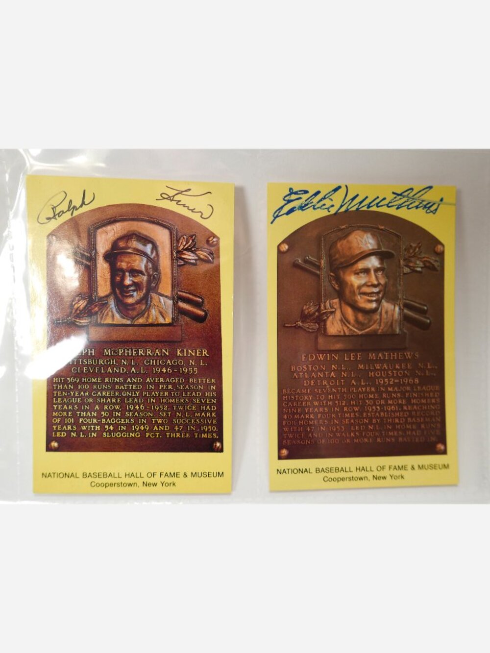 EDDIE MATHEWS + RALPH KINER Autographed Signed HOF Plaque Postcards Set of 2